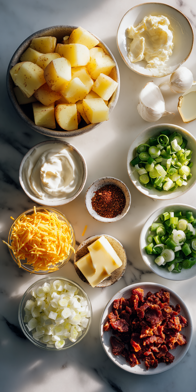 A collection of fresh components for Loaded Baked Potato Soup with chicken and bacon