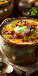 A comforting bowl of loaded baked potato soup with chicken and bacon