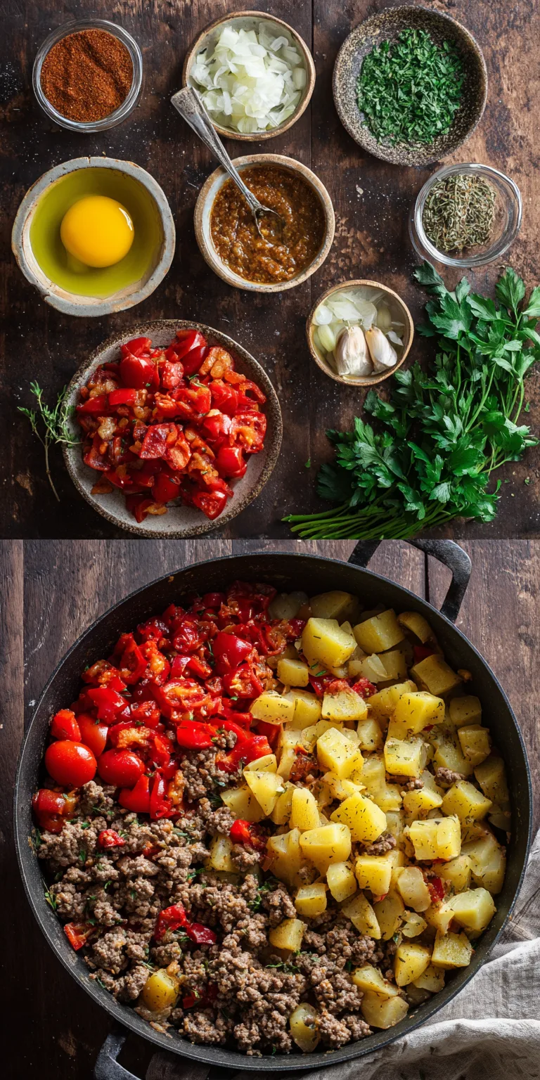Mediterranean Ground Beef & Potato Skillet served warm with cozy spices