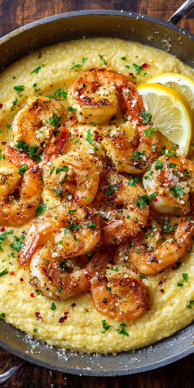 Shrimp Scampi Over Creamy Polenta served warm with cozy spices
