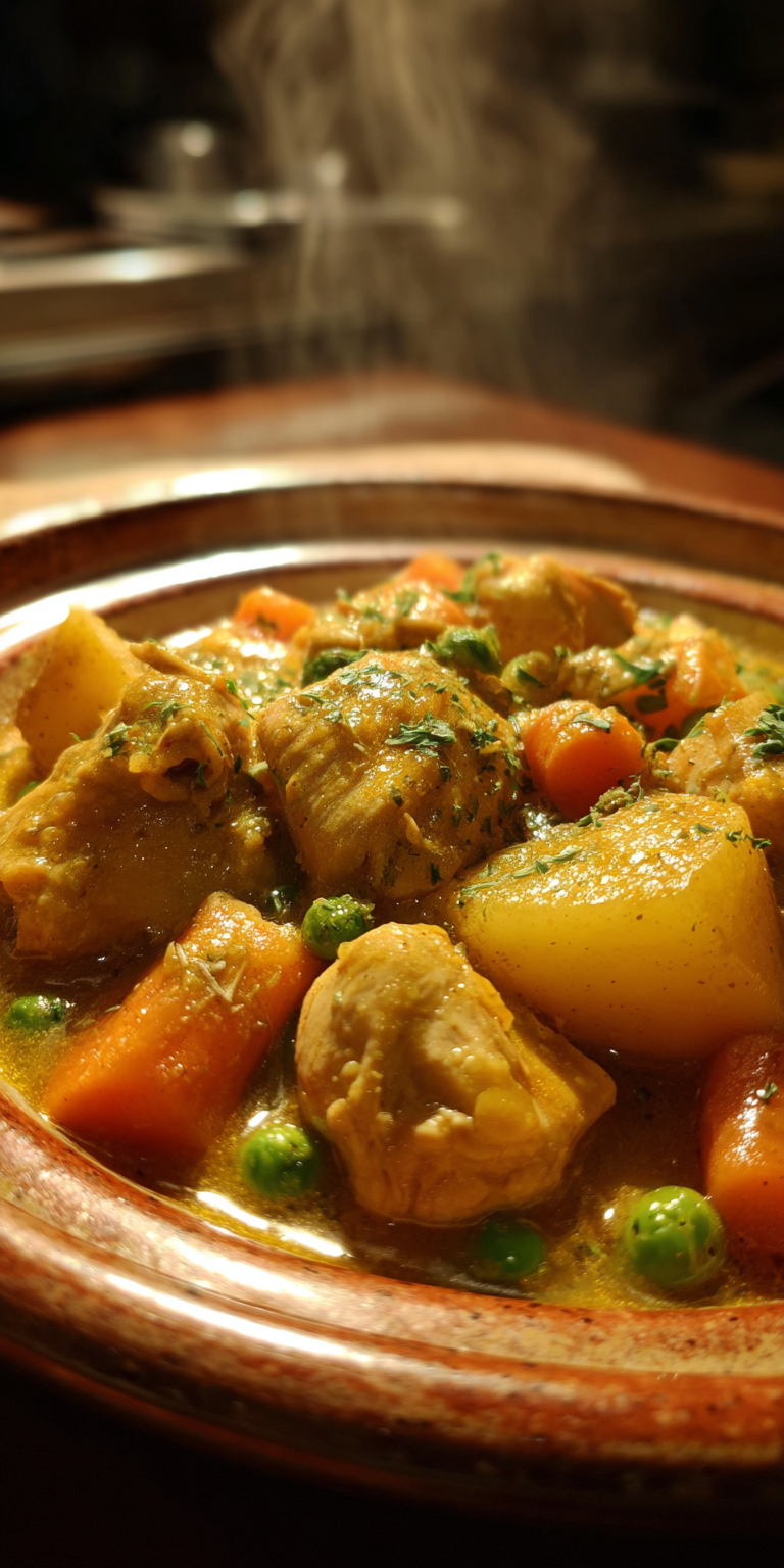 A bowl of slow cooker chicken stew with tender chicken and vegetables