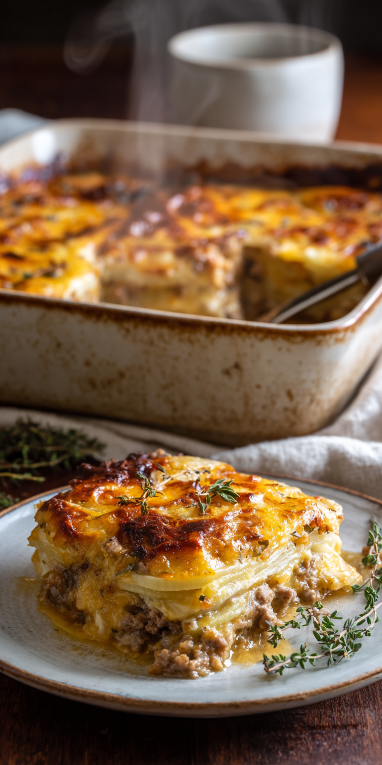 Close-up of raw ground beef and sliced potatoes for a hearty casserole