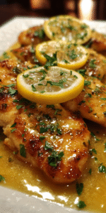 Zesty Chicken Francese with juicy breasts in a lemony garlic sauce on a plate