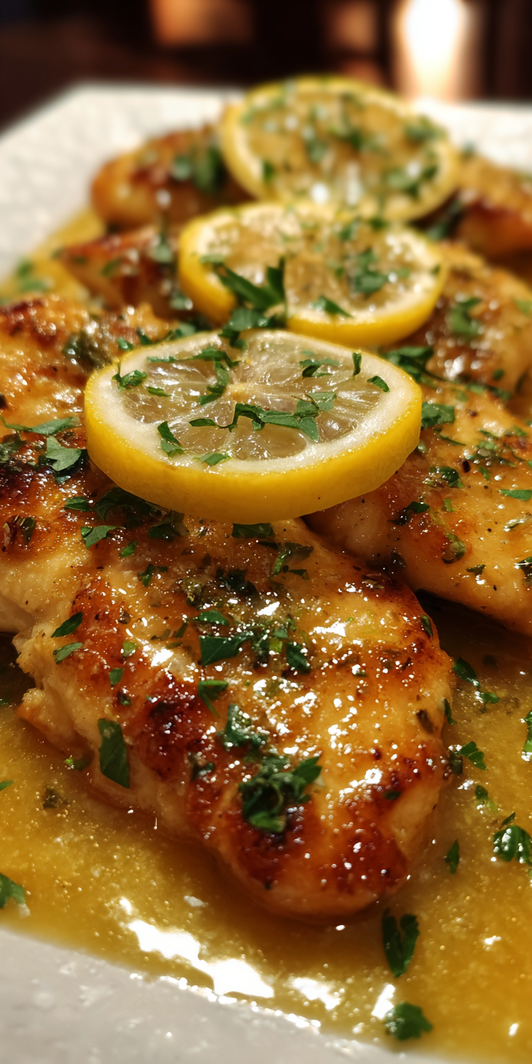 Zesty Chicken Francese with juicy breasts in a lemony garlic sauce on a plate