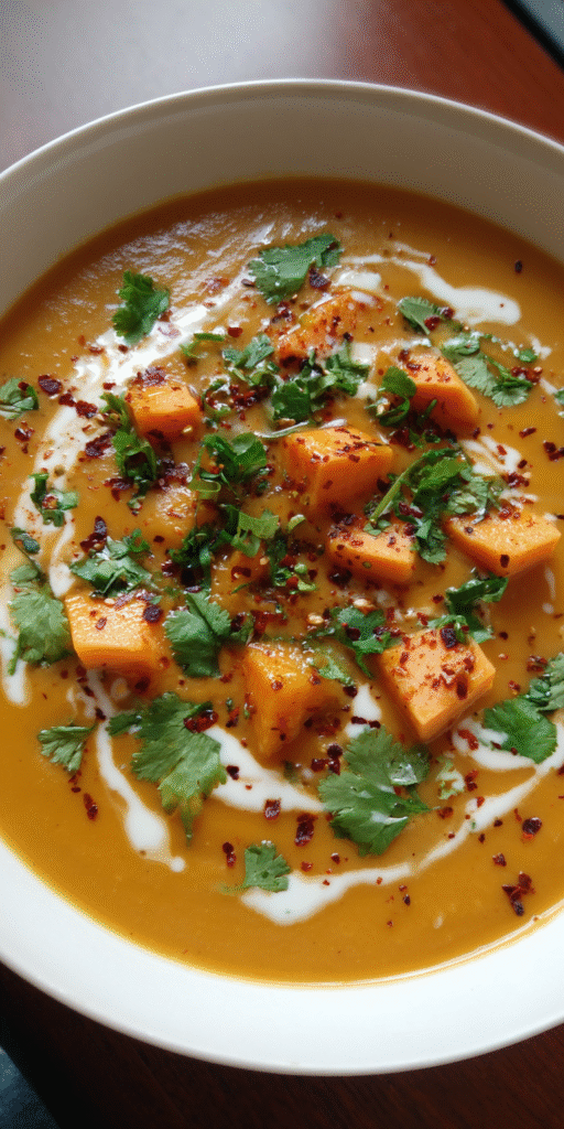 4-Ingredient Thai Sweet Potato Soup served warm with cozy spices