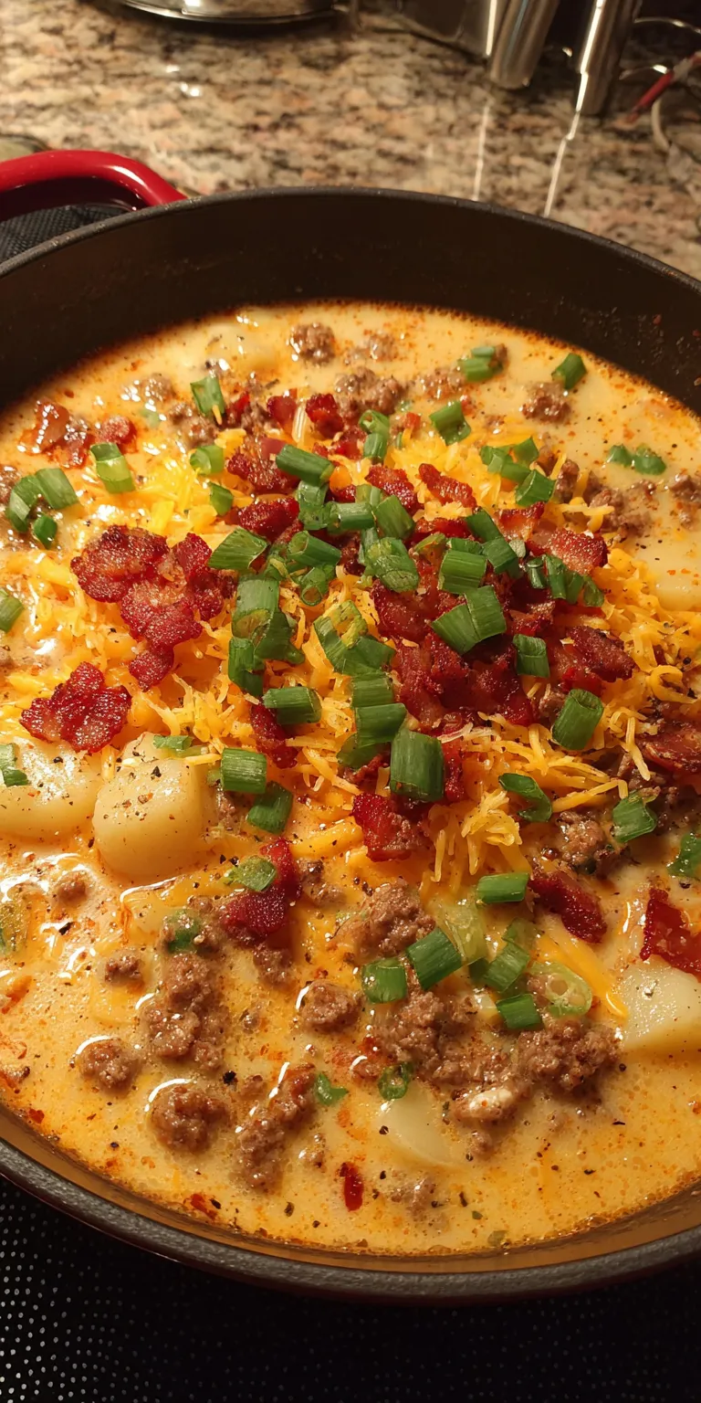 Cheesy Hamburger Potato Soup served warm with cozy spices