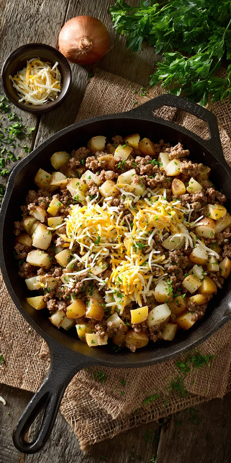 Cheesy Ranch Ground Beef & Potato Skillet | Easy Family Dinner served warm with cozy spices