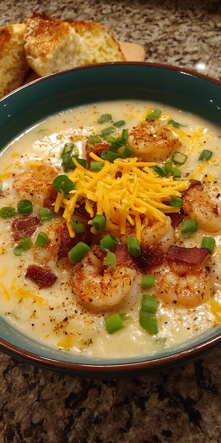 Creamy Crockpot Loaded Baked Potato Soup with Shrimp served warm with cozy spices