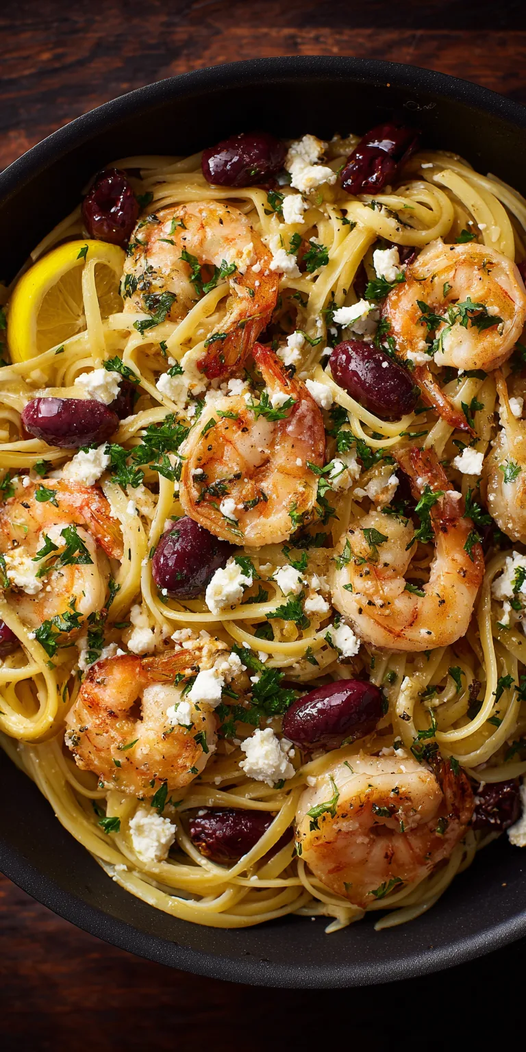 Greek Shrimp Scampi with Feta & Olives | Easy Mediterranean Dinner served warm with cozy spices