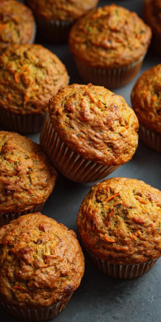 Kitchen Sink Carrot Banana Zucchini Muffins served warm with cozy spices