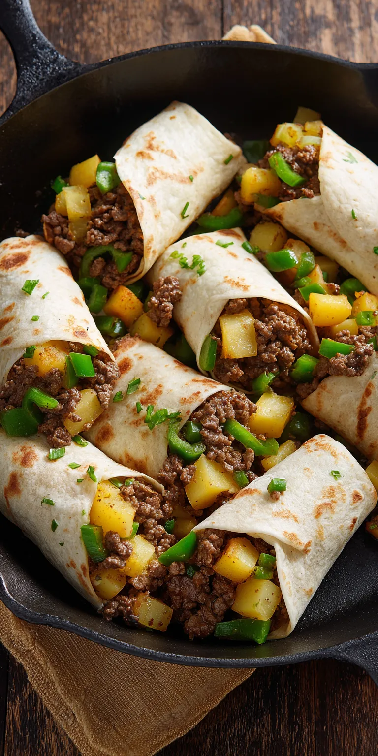 Make-Ahead Beef & Potato Hash Burritos served warm with cozy spices