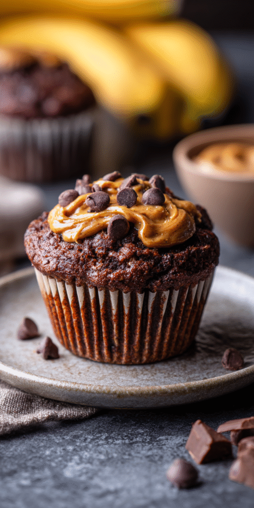 Peanut Butter Chocolate Banana Muffins served warm with cozy spices