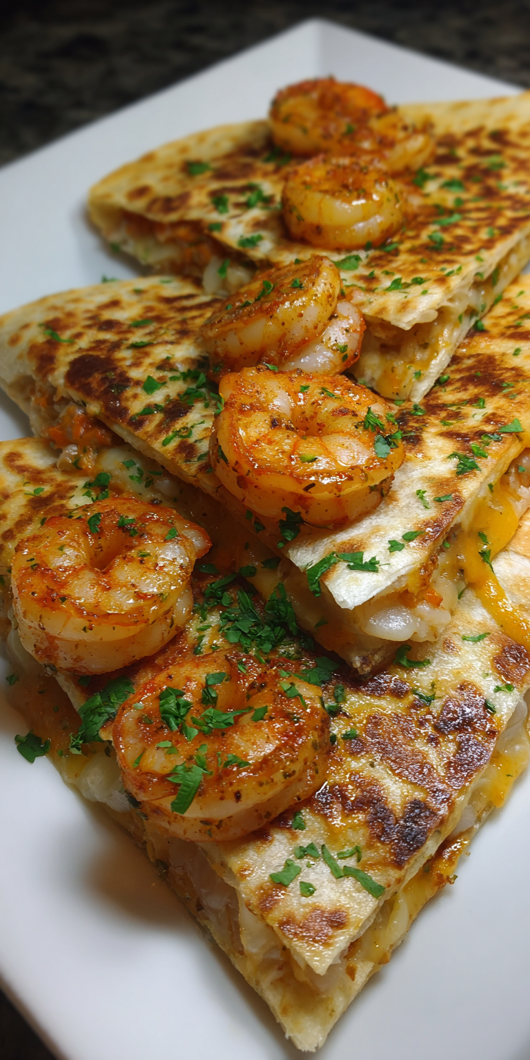 Spicy Cajun Shrimp Scampi Quesadillas served warm with cozy spices