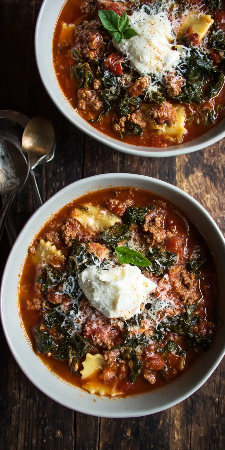 Spicy Sausage & Kale Lasagna Soup served warm with cozy spices