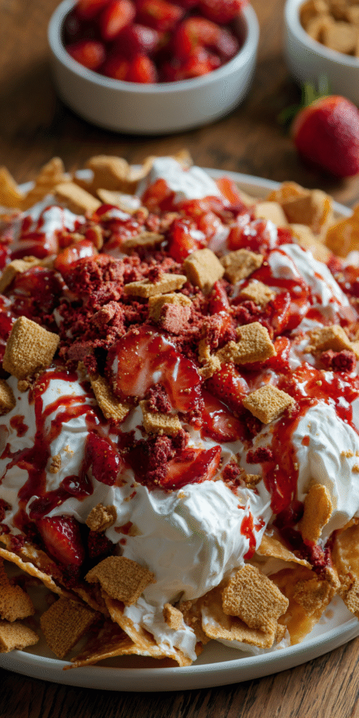 Strawberry Crunch Cheesecake Nachos served warm with cozy spices