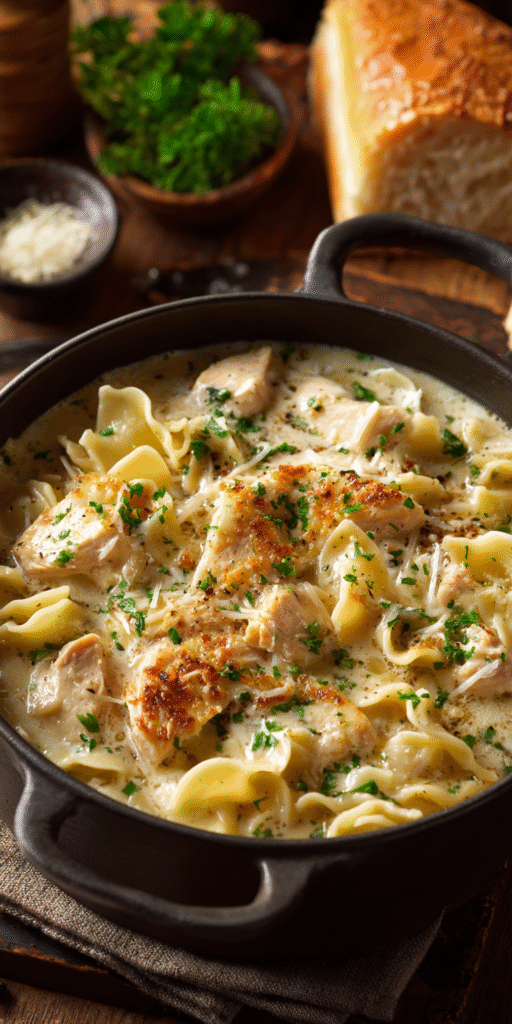 White Chicken Alfredo Lasagna Soup served warm with cozy spices