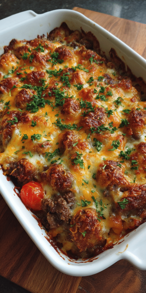 Cheesy Tater Tot & Chipotle Beef Casserole served warm with cozy spices
