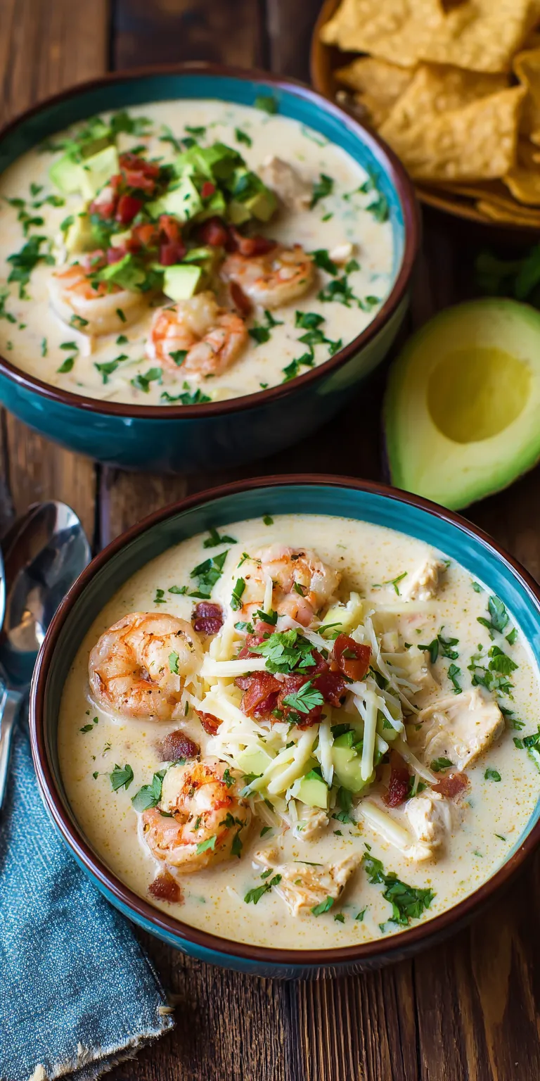Creamy Queso Blanco Chicken & Shrimp Taco Soup served warm with cozy spices