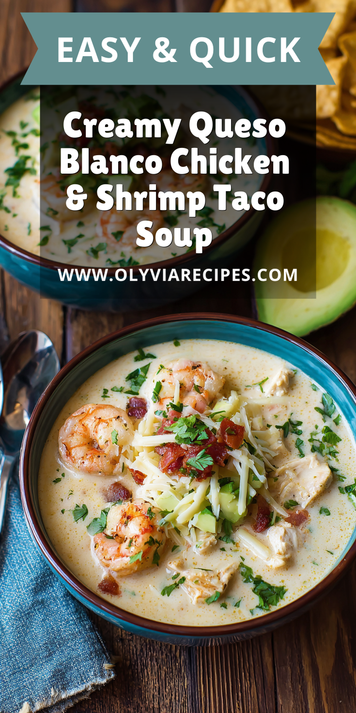 Creamy Queso Blanco Chicken & Shrimp Taco Soup served warm with cozy spices