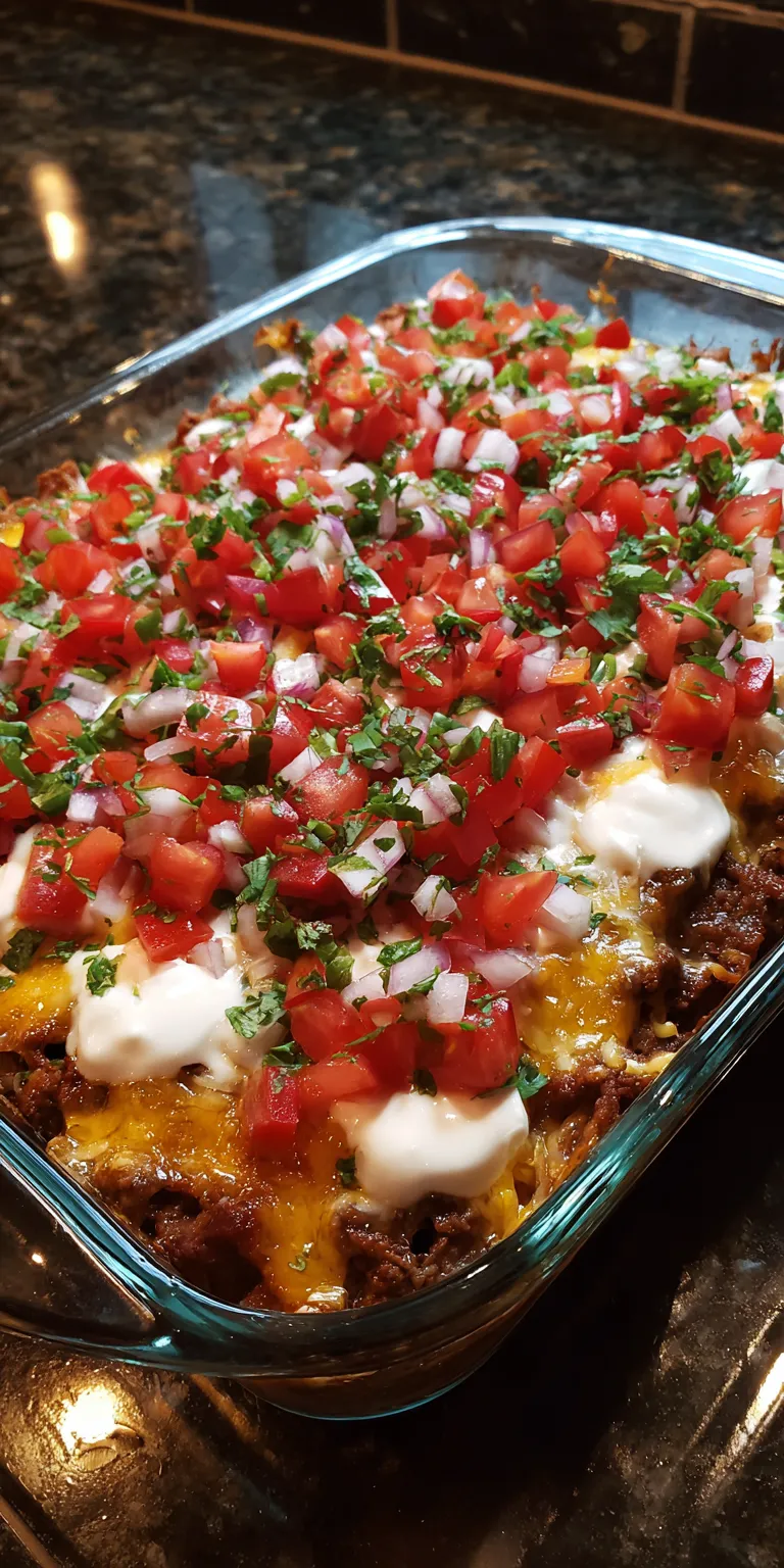 Fresh Pico de Gallo Topped Chipotle Beef Casserole served warm with cozy spices