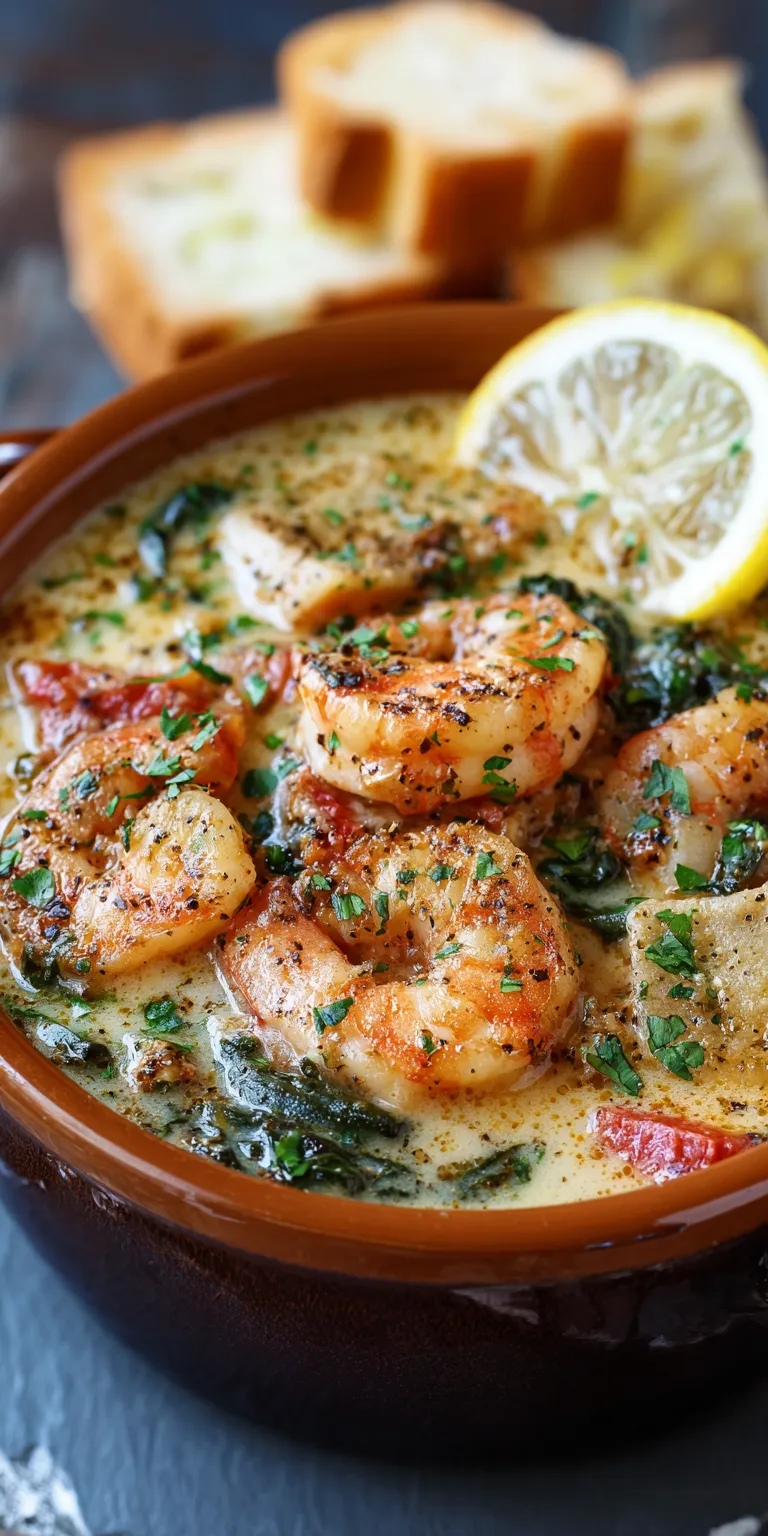 Lemon Ricotta & Spinach Shrimp Lasagna Soup served warm with cozy spices