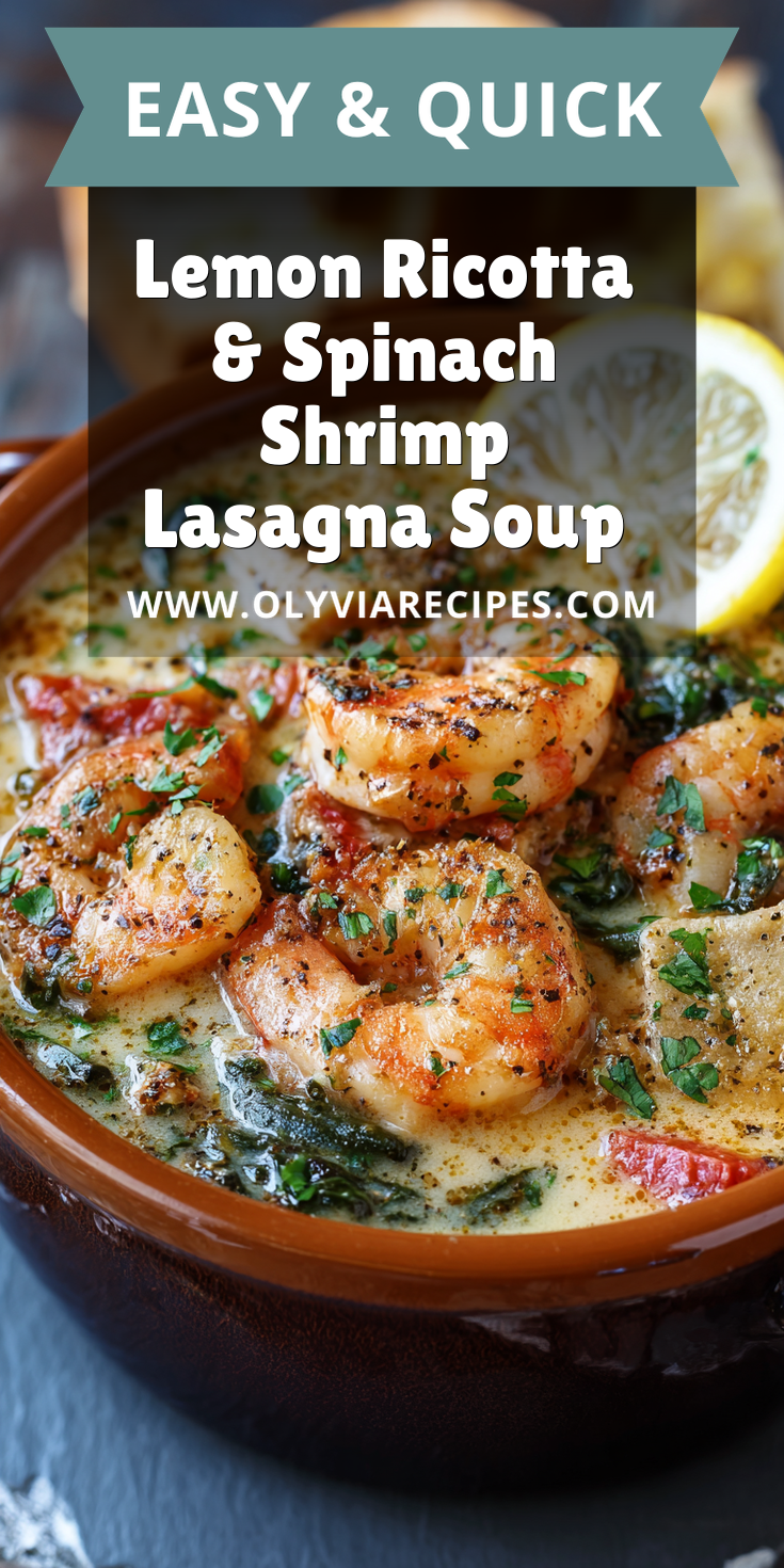 Lemon Ricotta & Spinach Shrimp Lasagna Soup served warm with cozy spices