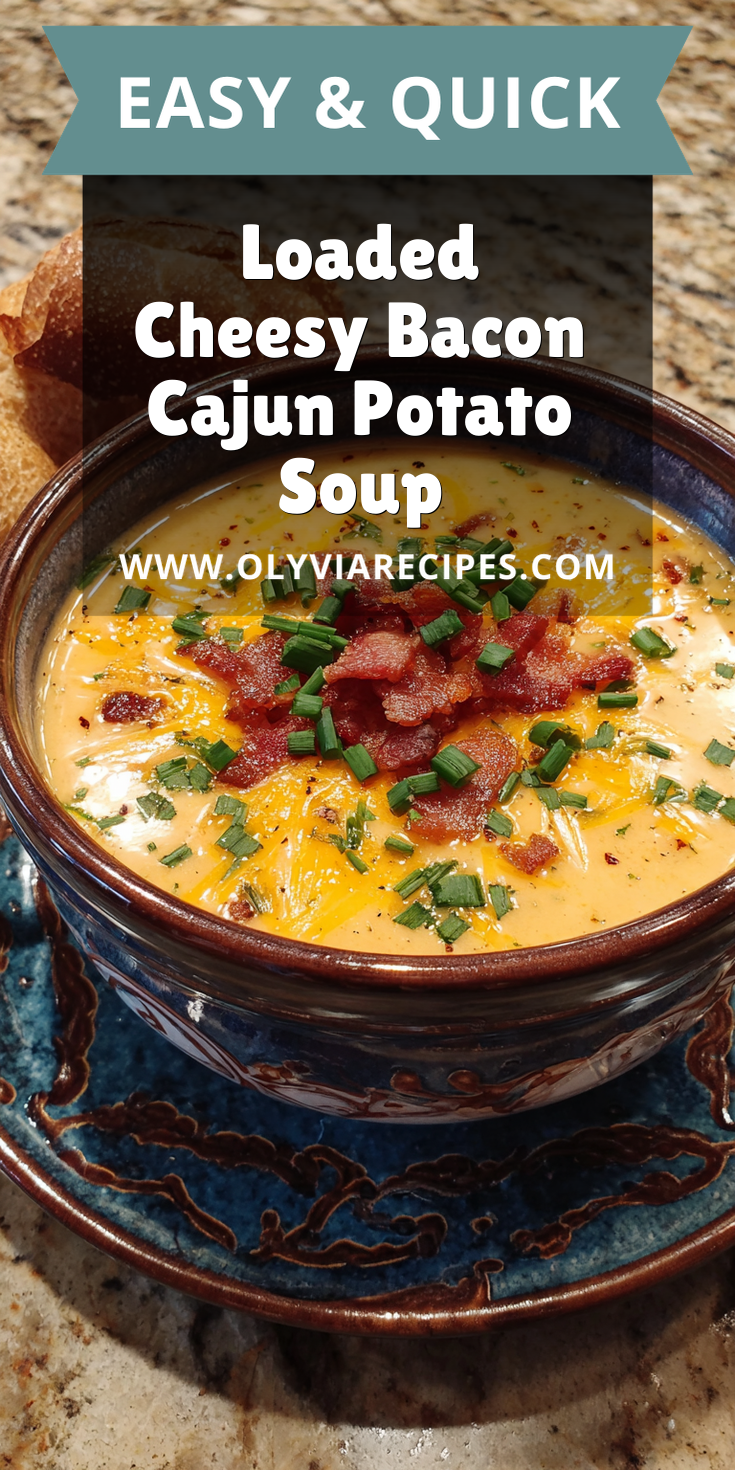 Loaded Cheesy Bacon Cajun Potato Soup served warm with cozy spices
