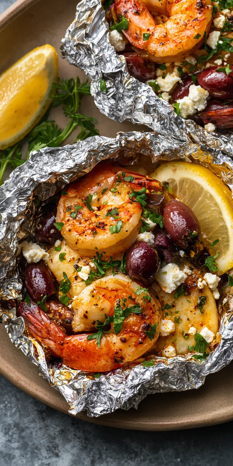 Mediterranean Shrimp Packets with Olives & Feta served warm with cozy spices