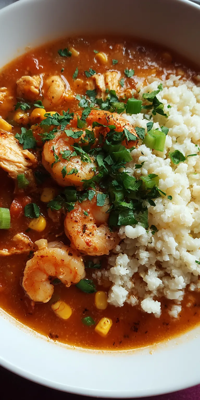 Skinny Chicken & Shrimp Taco Soup with Cauliflower Rice served warm with cozy spices