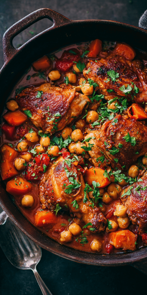 Slow Cooker Harissa Chicken & Chickpea Stew served warm with cozy spices