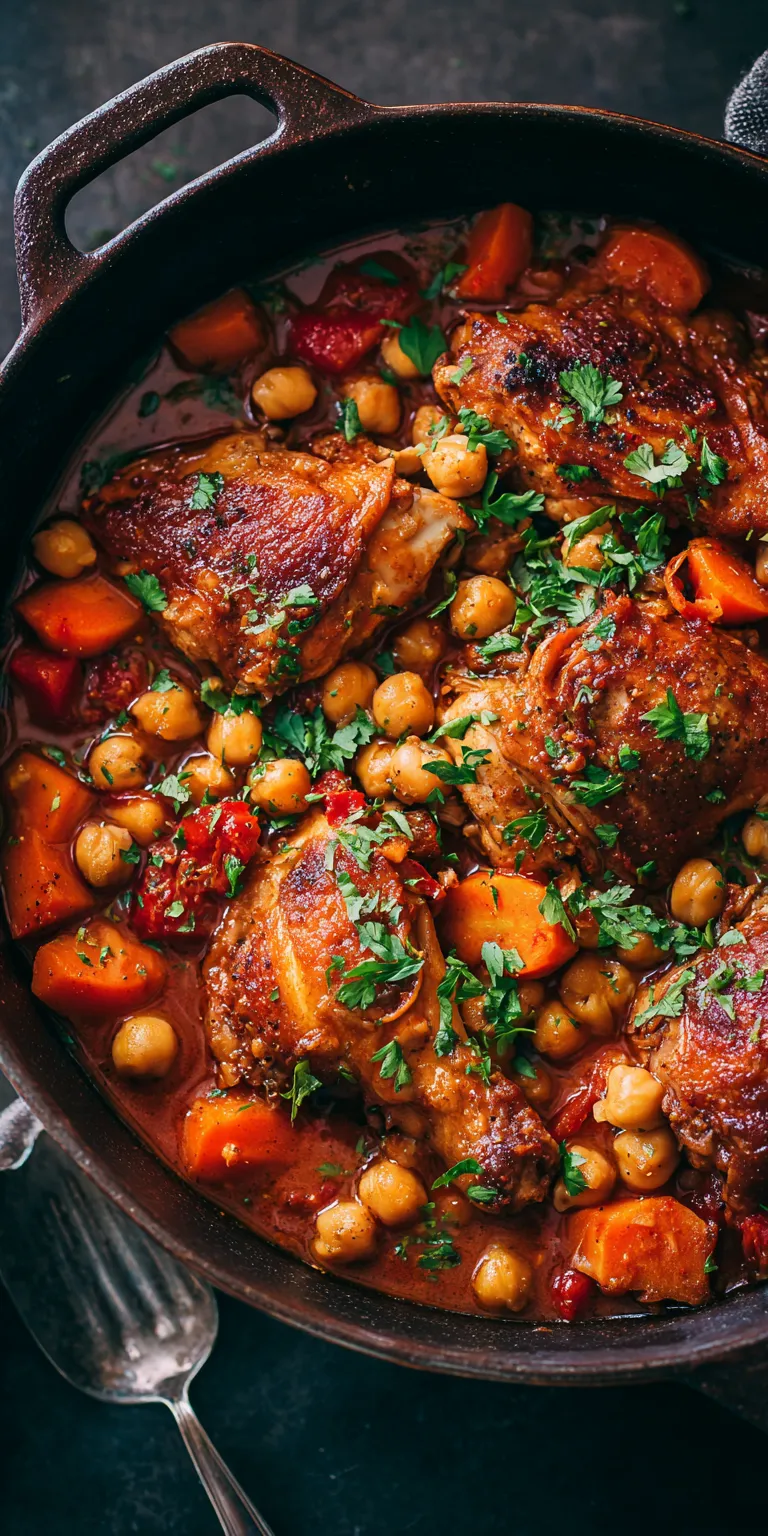 Slow Cooker Harissa Chicken & Chickpea Stew served warm with cozy spices