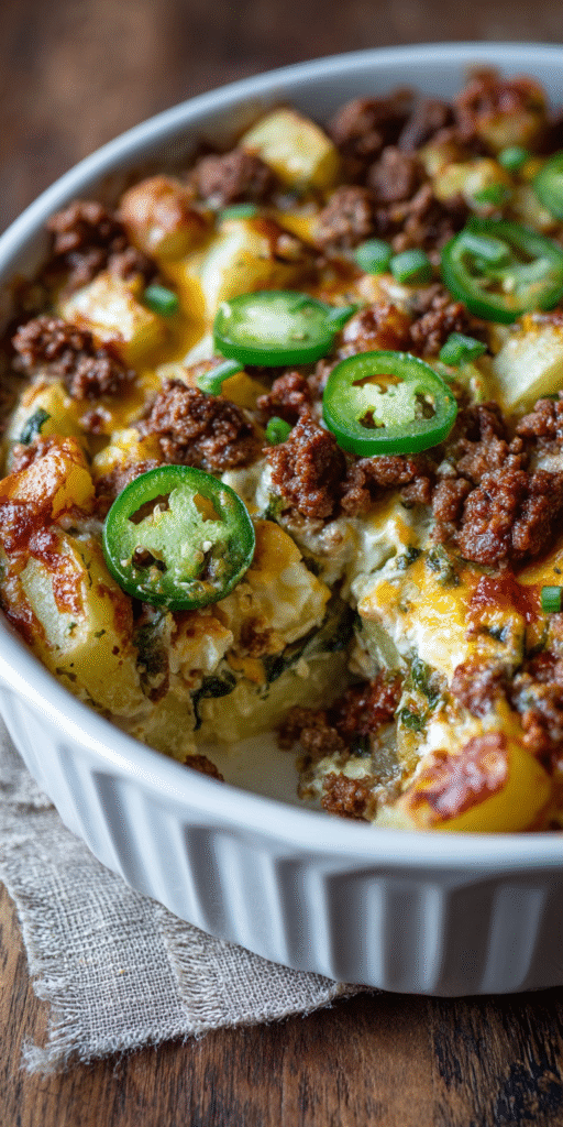 Spicy Jalapeño Popper Beef & Potato Casserole served warm with cozy spices