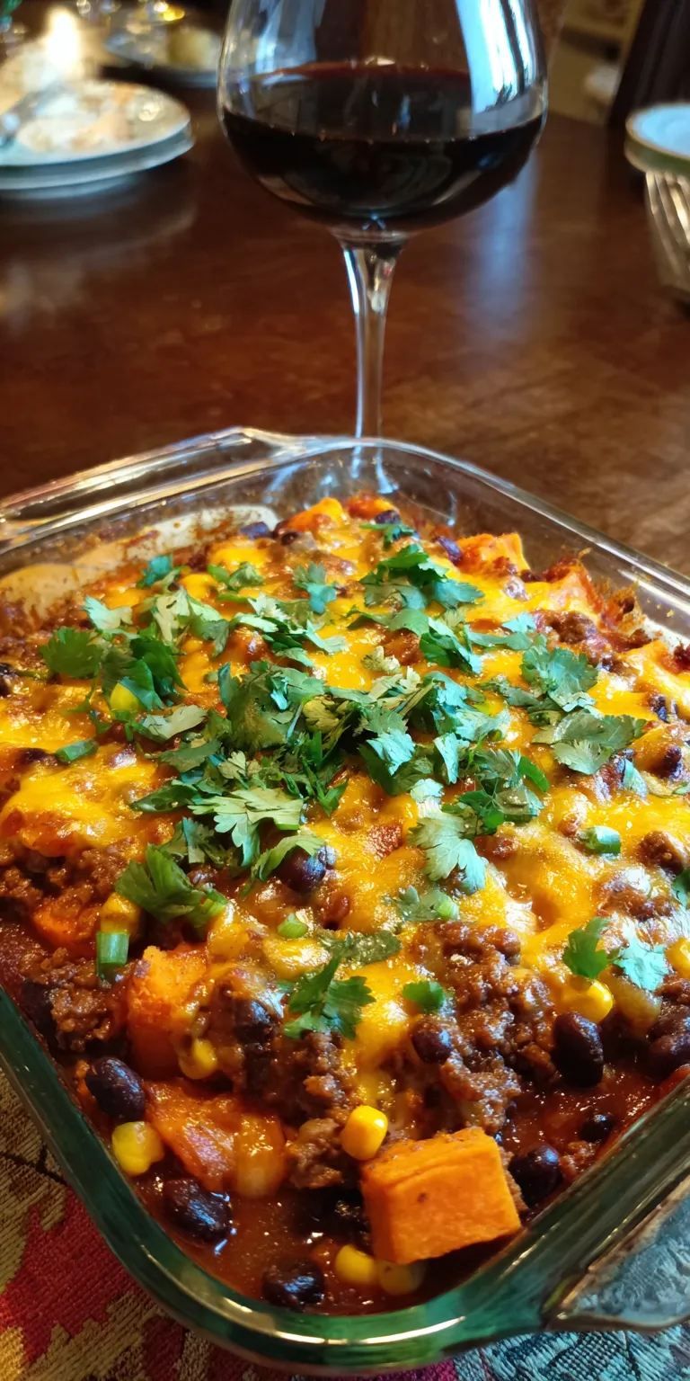 Sweet Potato & Black Bean Chipotle Beef Casserole served warm with cozy spices