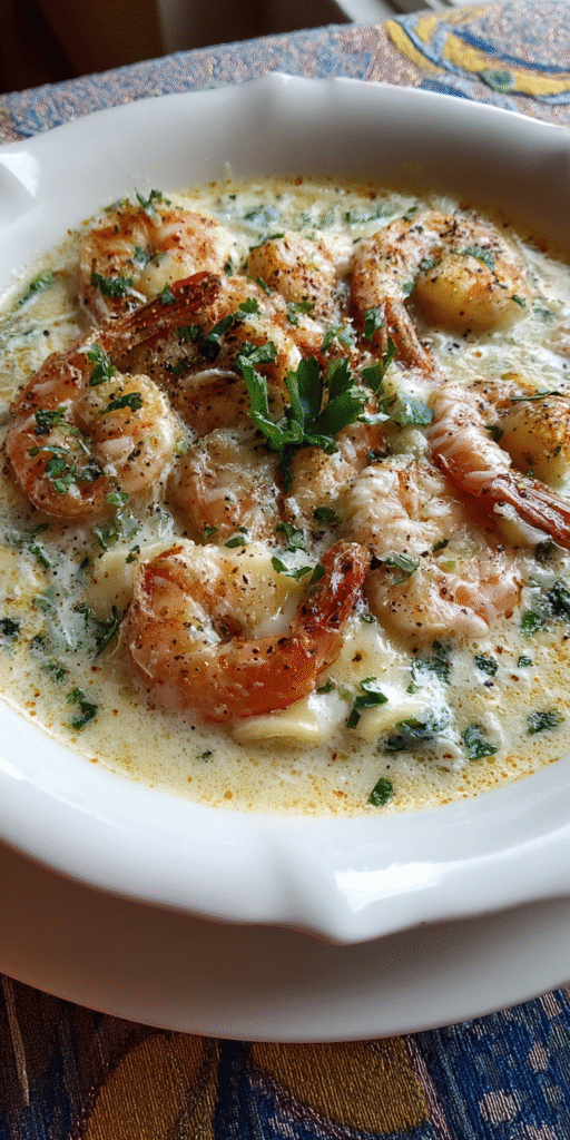 White Garlic Sauce Shrimp Lasagna Soup (Alfredo Style) served warm with cozy spices