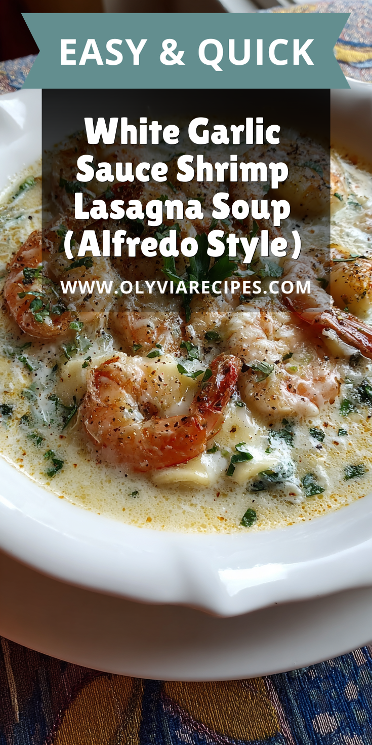 White Garlic Sauce Shrimp Lasagna Soup (Alfredo Style) served warm with cozy spices