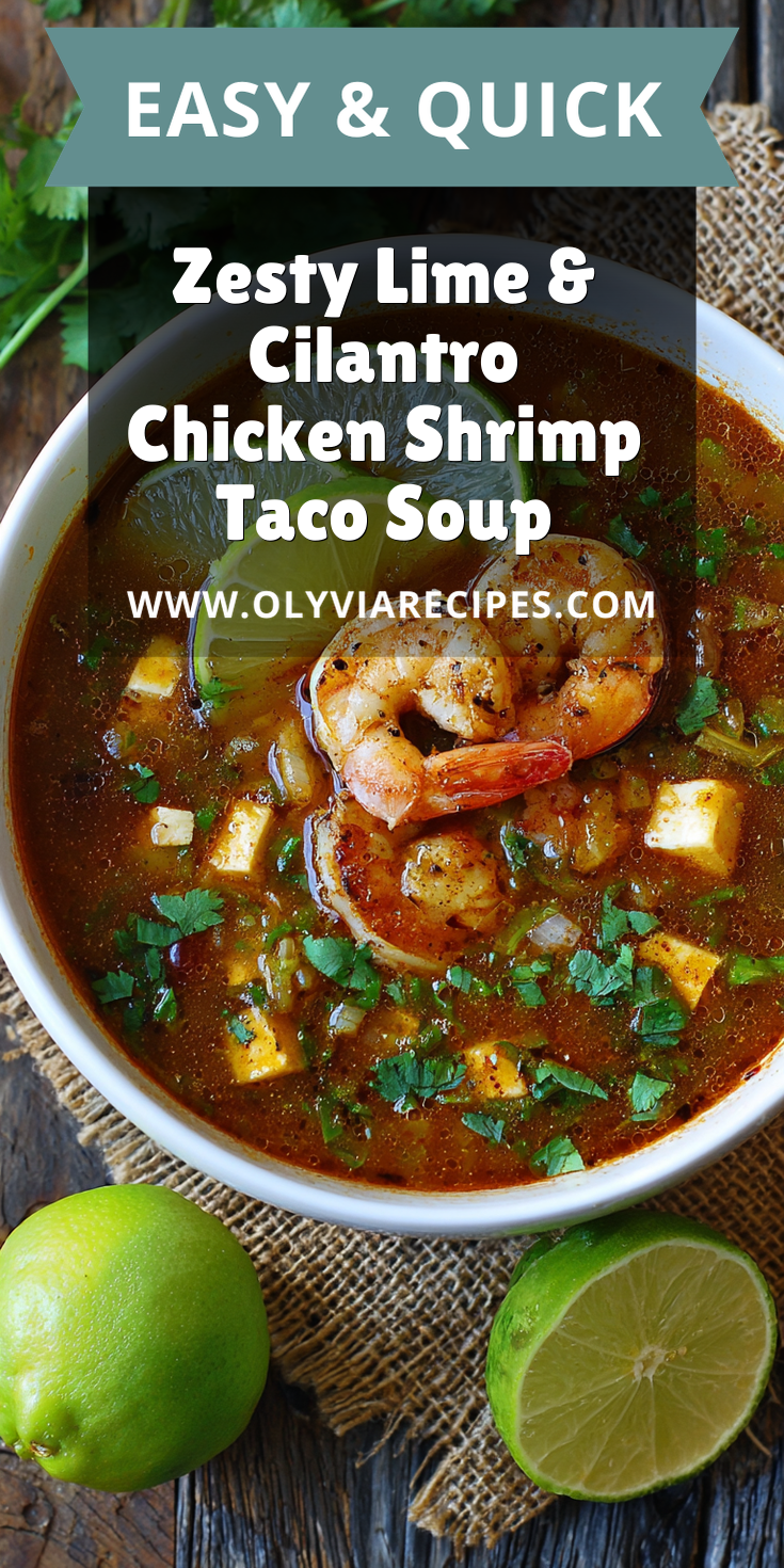 Zesty Lime & Cilantro Chicken Shrimp Taco Soup served warm with cozy spices
