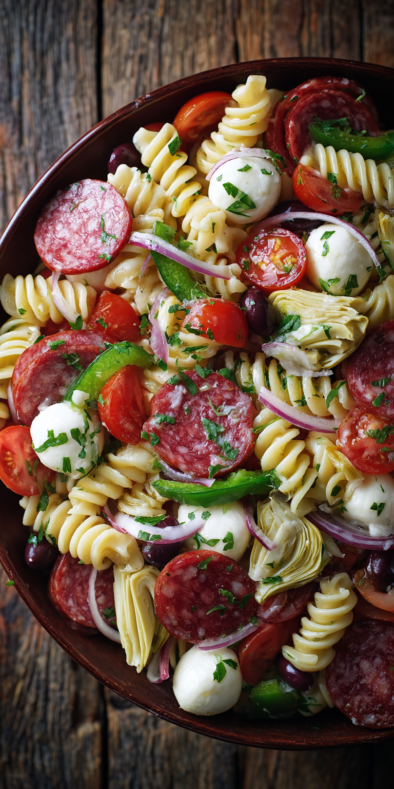 Antipasto Pepperoni Cold Pasta Salad served warm with cozy spices