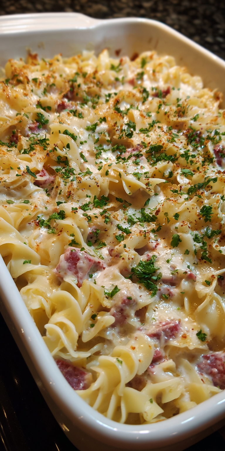 Cheesy Corned Beef Casserole Bake served warm with cozy spices