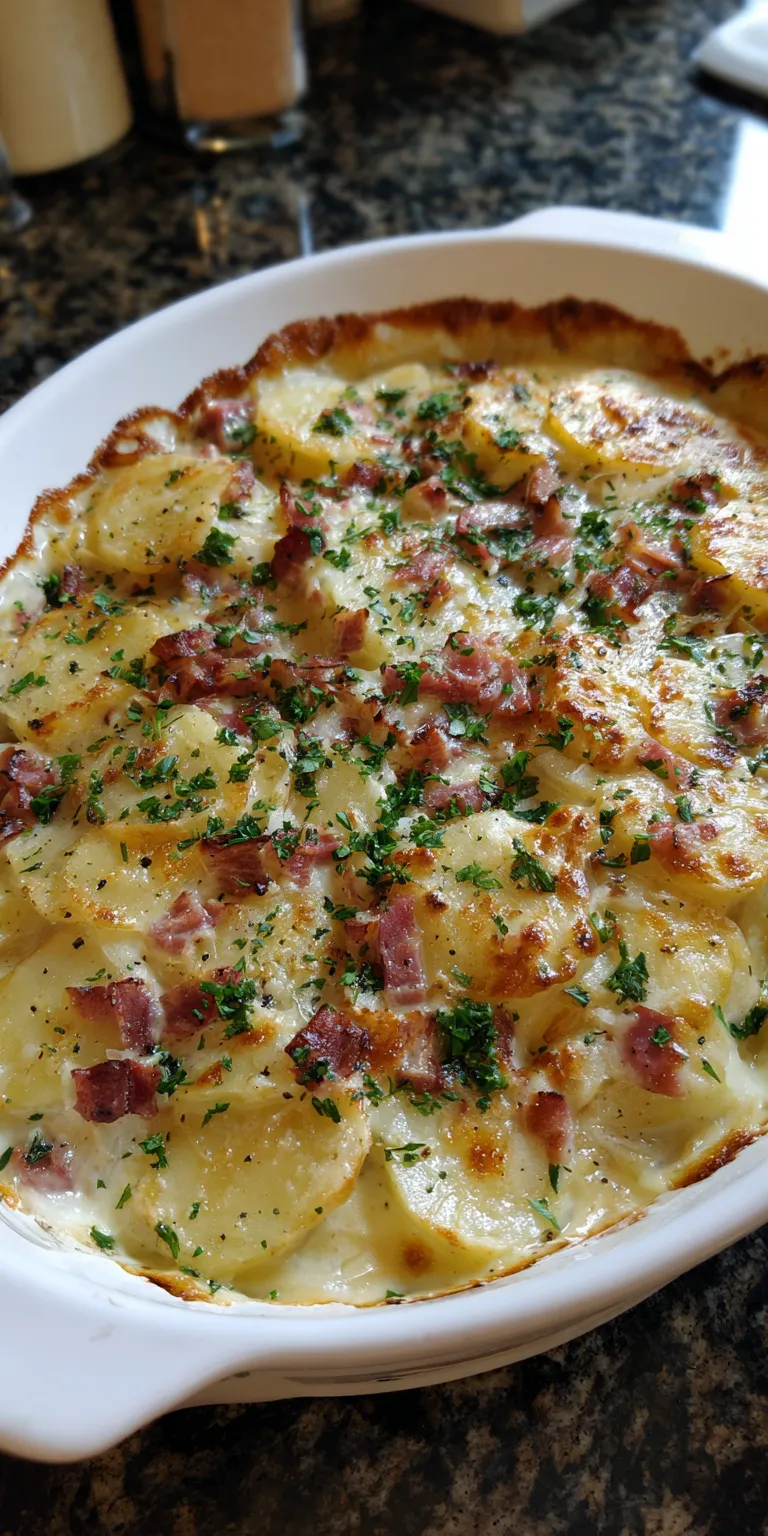 Cheesy Scalloped Potatoes with Ham served warm with cozy spices