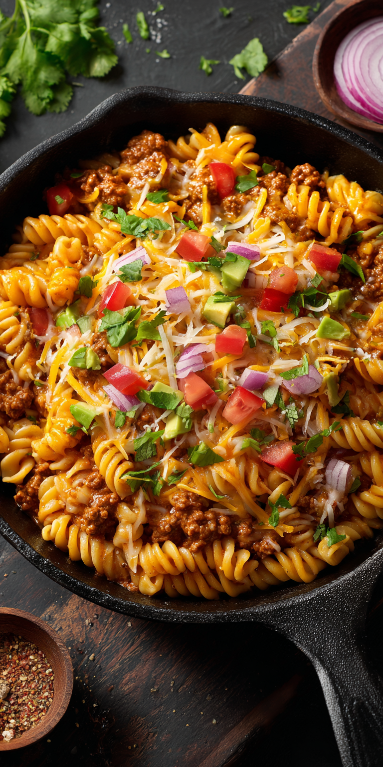 Cheesy Taco Pasta Simple Recipe served warm with cozy spices