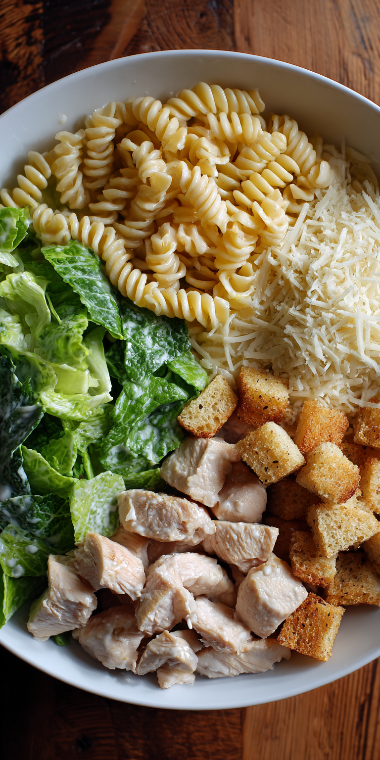 Chicken Caesar Pasta Salad Healthy Lunch served warm with cozy spices