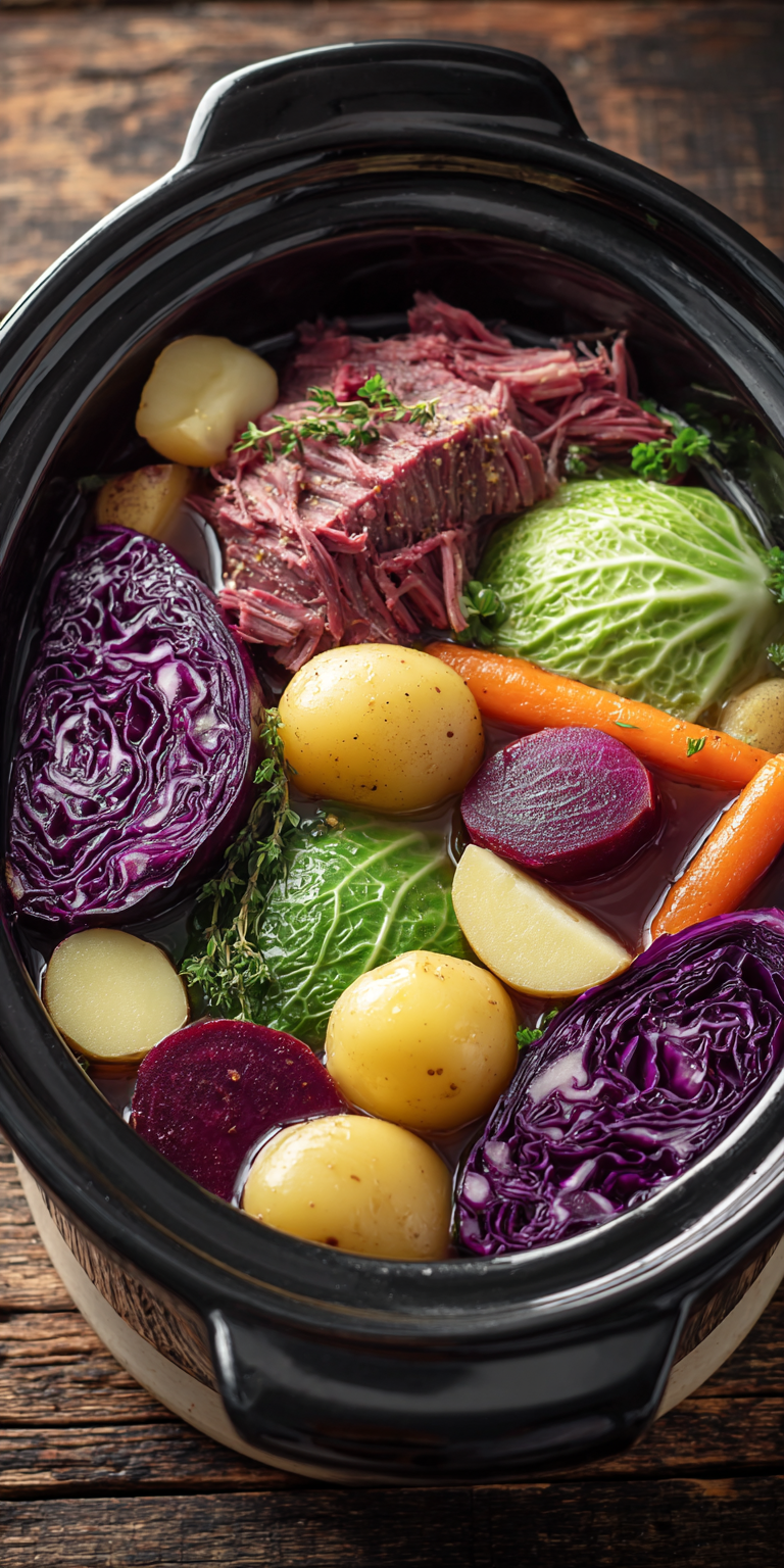 Classic Slow Cooker Corned Beef and Cabbage served warm with cozy spices