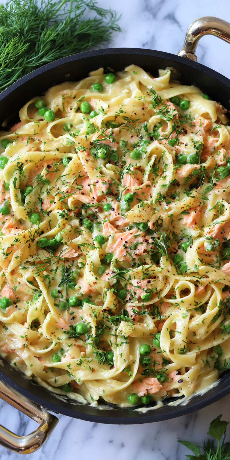 Creamy Salmon Pasta with Peas served warm with cozy spices