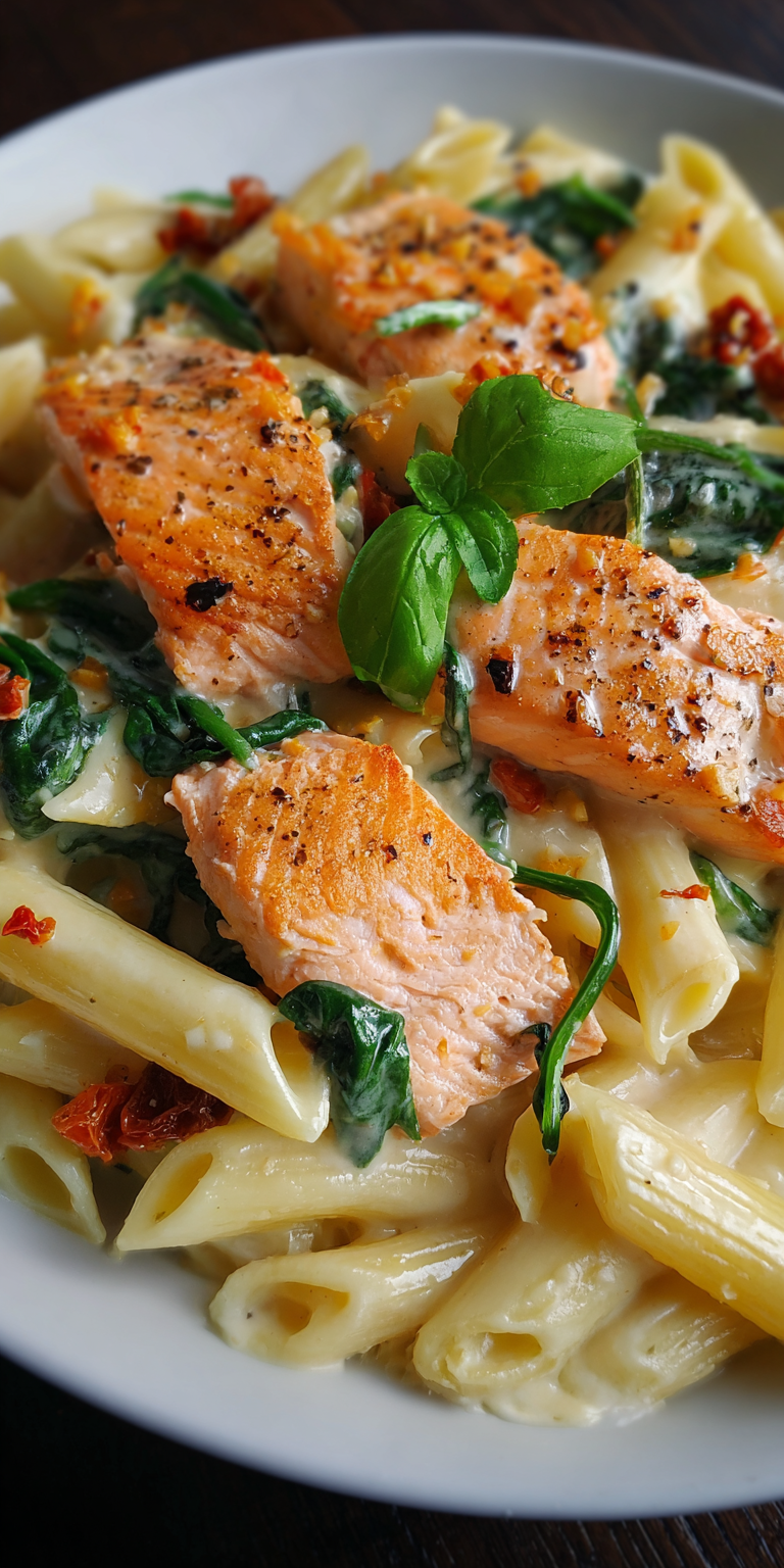 Creamy Tuscan Salmon Pasta served warm with cozy spices