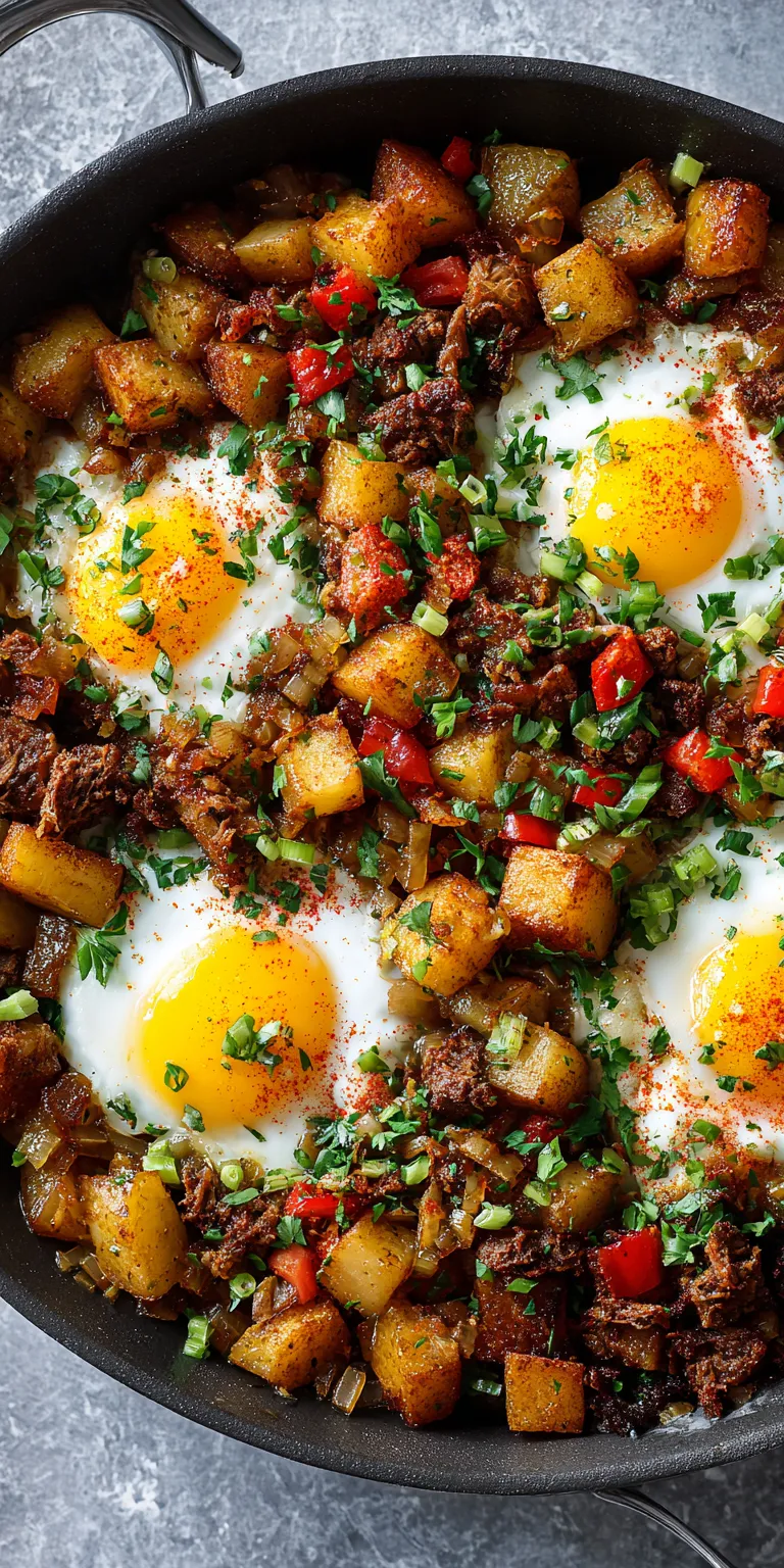 Crispy Corned Beef Hash with Eggs served warm with cozy spices