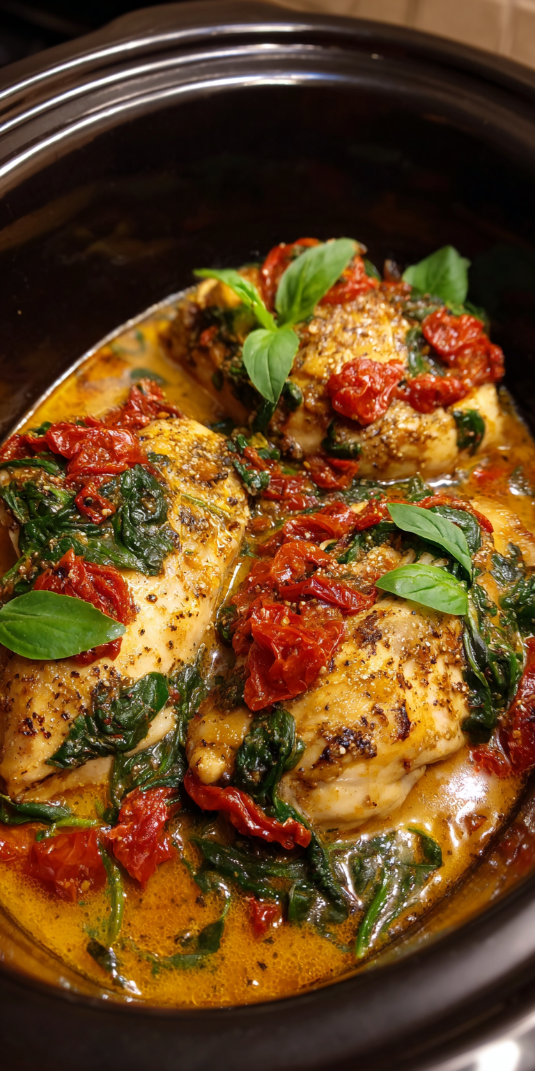 Crockpot Tuscan Chicken with Spinach served warm with cozy spices