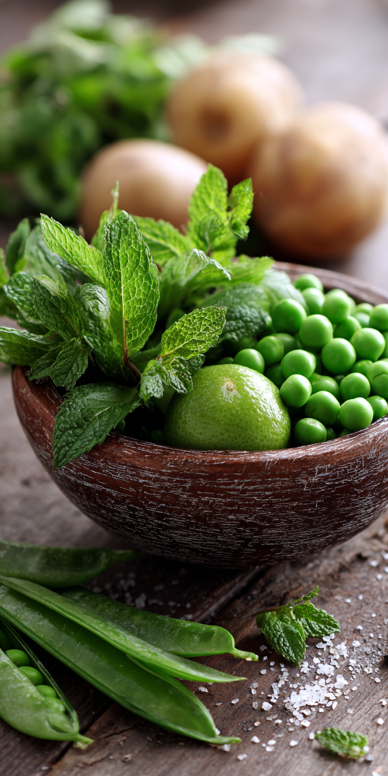 Fresh Green Pea and Mint Bisque served warm with cozy spices