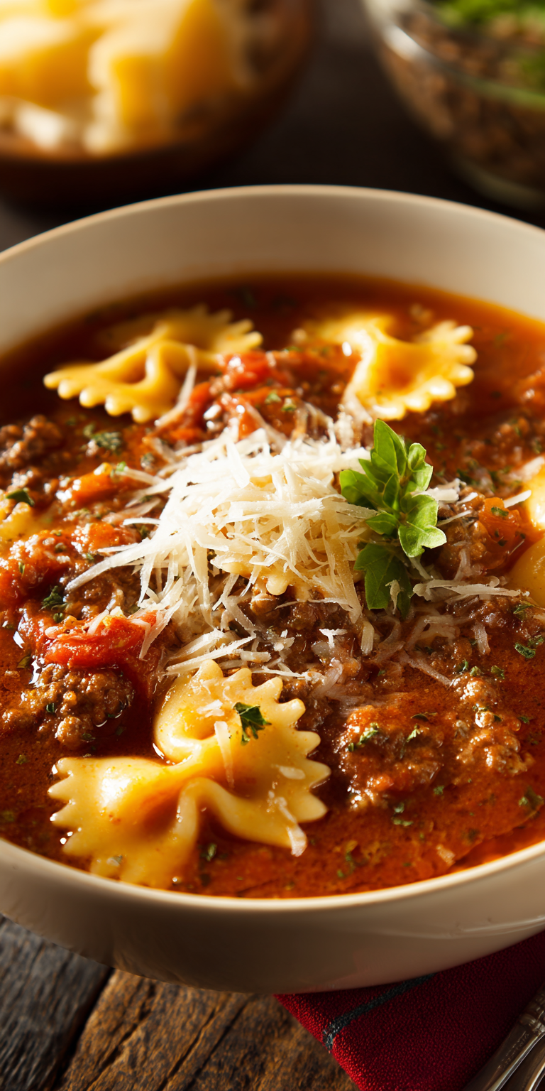 Lazy Lasagna Soup Crockpot Meal served warm with cozy spices