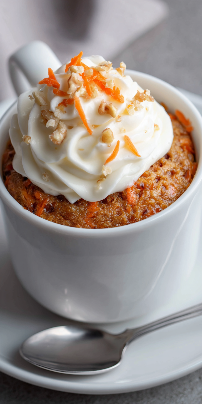 Mug Cake Carrot Cake Recipe for One served warm with cozy spices