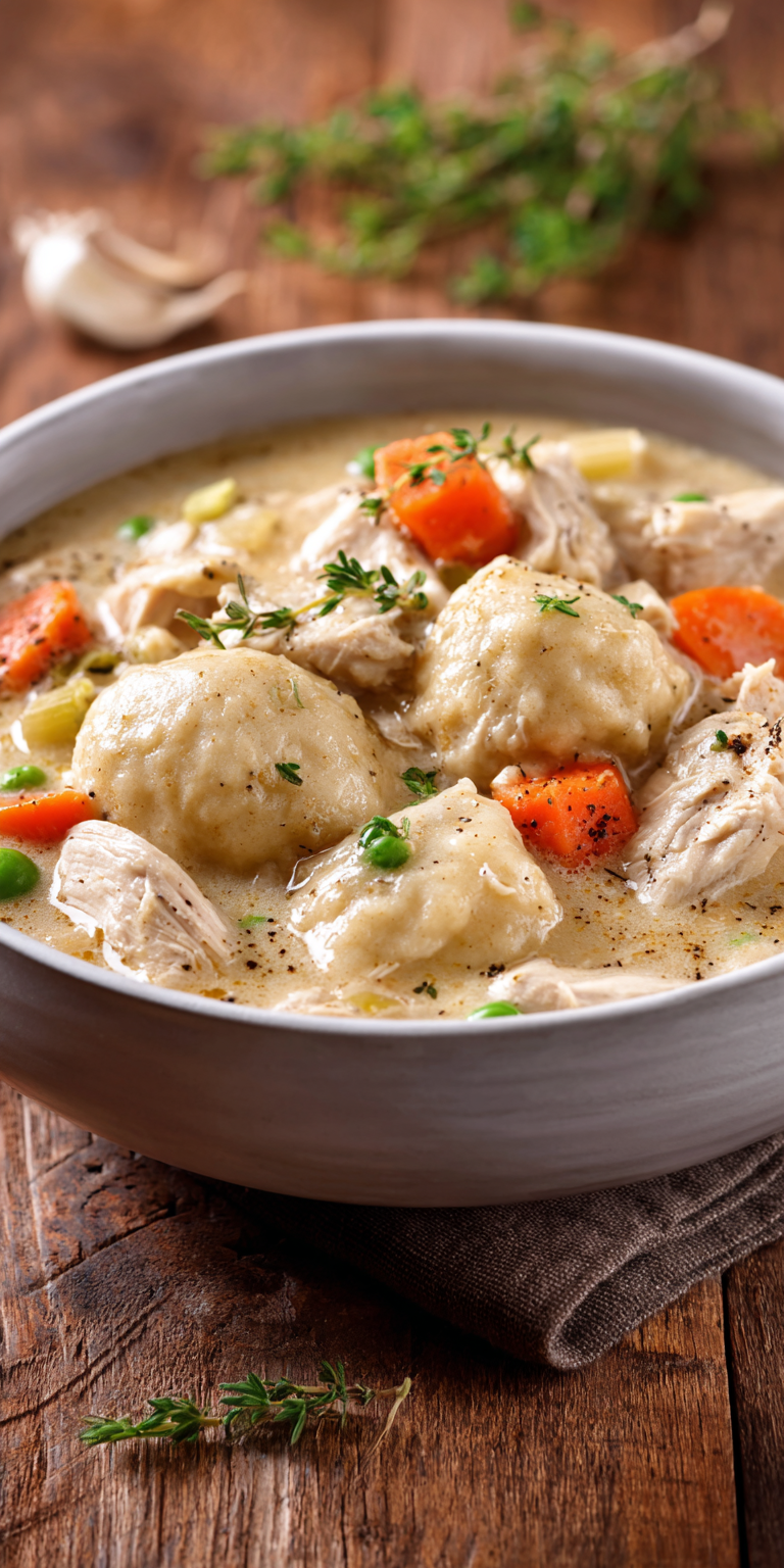 Old Fashioned Chicken And Dumplings served warm with cozy spices